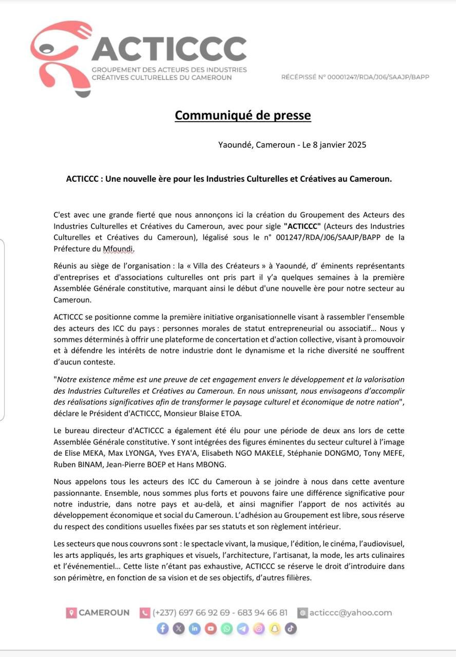 Actualité : Le secteur des Industries Culturelles et Créatives (ICC) annonce la naissance du Groupement des Acteurs des Industries Culturelles et Créatives du Cameroun (ACTICCC).