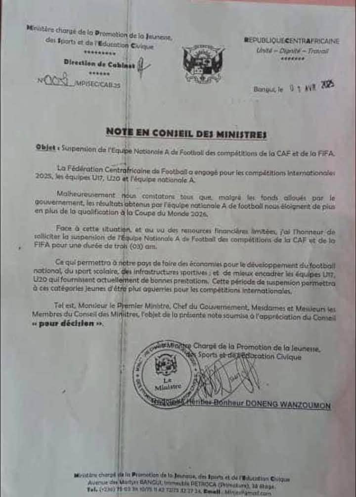 RCA : Le ministre des Sports réclame la suspension des Fauves du Bas-Oubangui