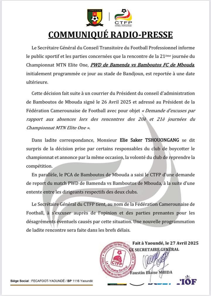 MTN ÉLITE ONE : Bamboutos fait marche arrière