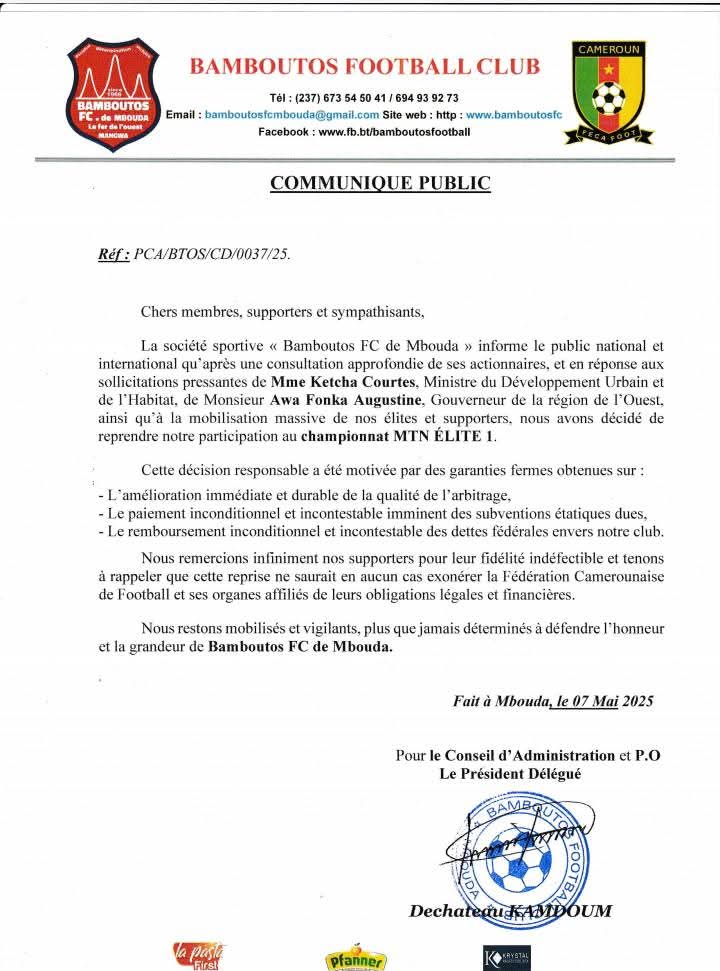 MTN ÉLITE ONE : BAMBOUTOS FAIT MARCHE ARRIÈRE