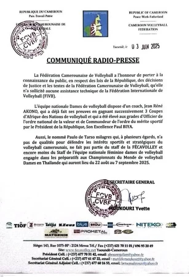 Crise à la Fécavolley : l’arrivée du coach brésilien Tarso Milagres ravive les tensions