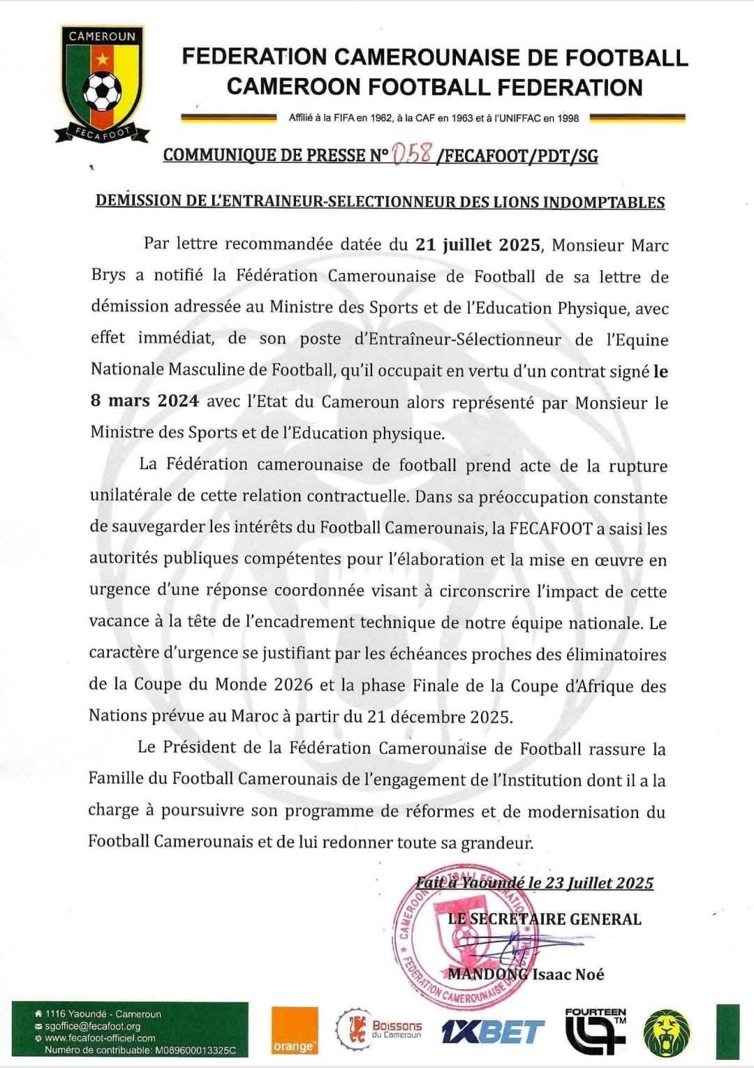 Lions indomptables : Marc Brys claque la porte !