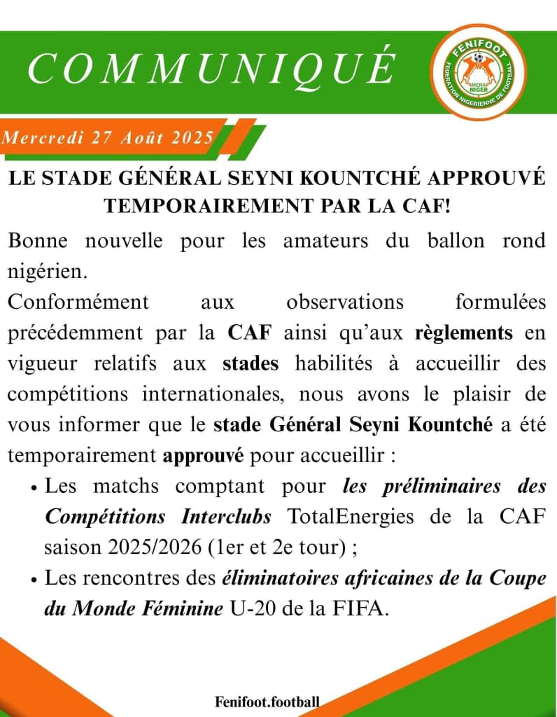 Mondial Féminin U20 Niger – Cameroun : feu vert de la CAF pour le Stade Seyni Kountché