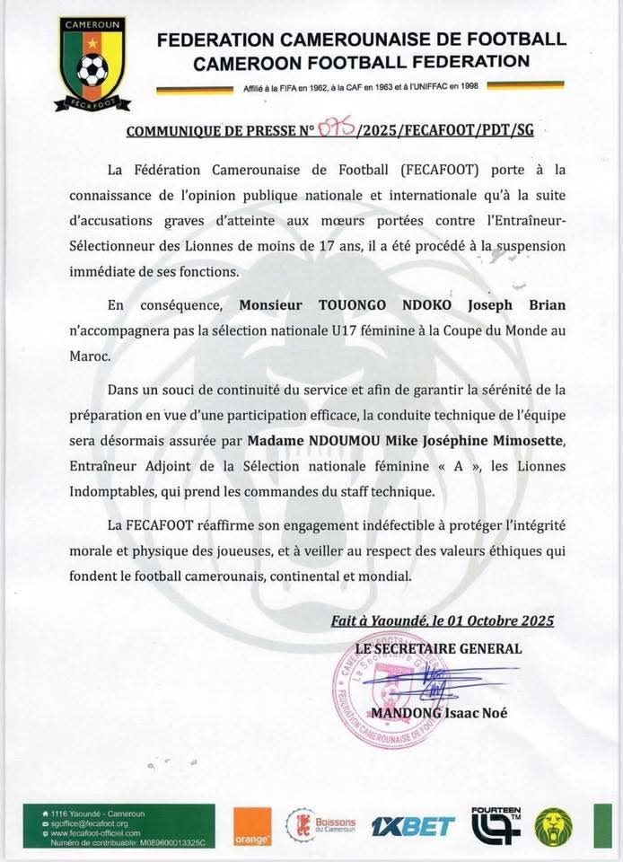 Lionnes U17 : le rêve brisé de Ndoko, la FECAFOOT sort le carton rouge avant le Mondial 