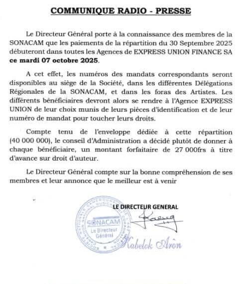 Droits d'auteur : seulement 27.000 fcfa par artiste