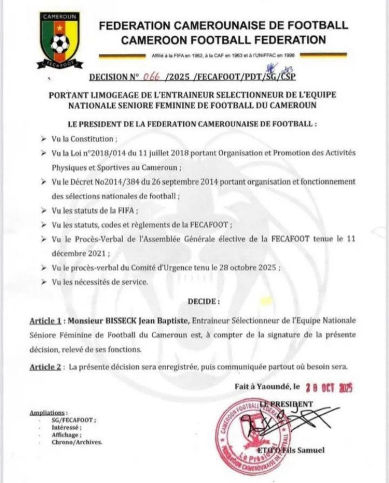 Lionnes indomptables : l’échec de trop , la FECAFOOT met fin à l’aventure Bisseck