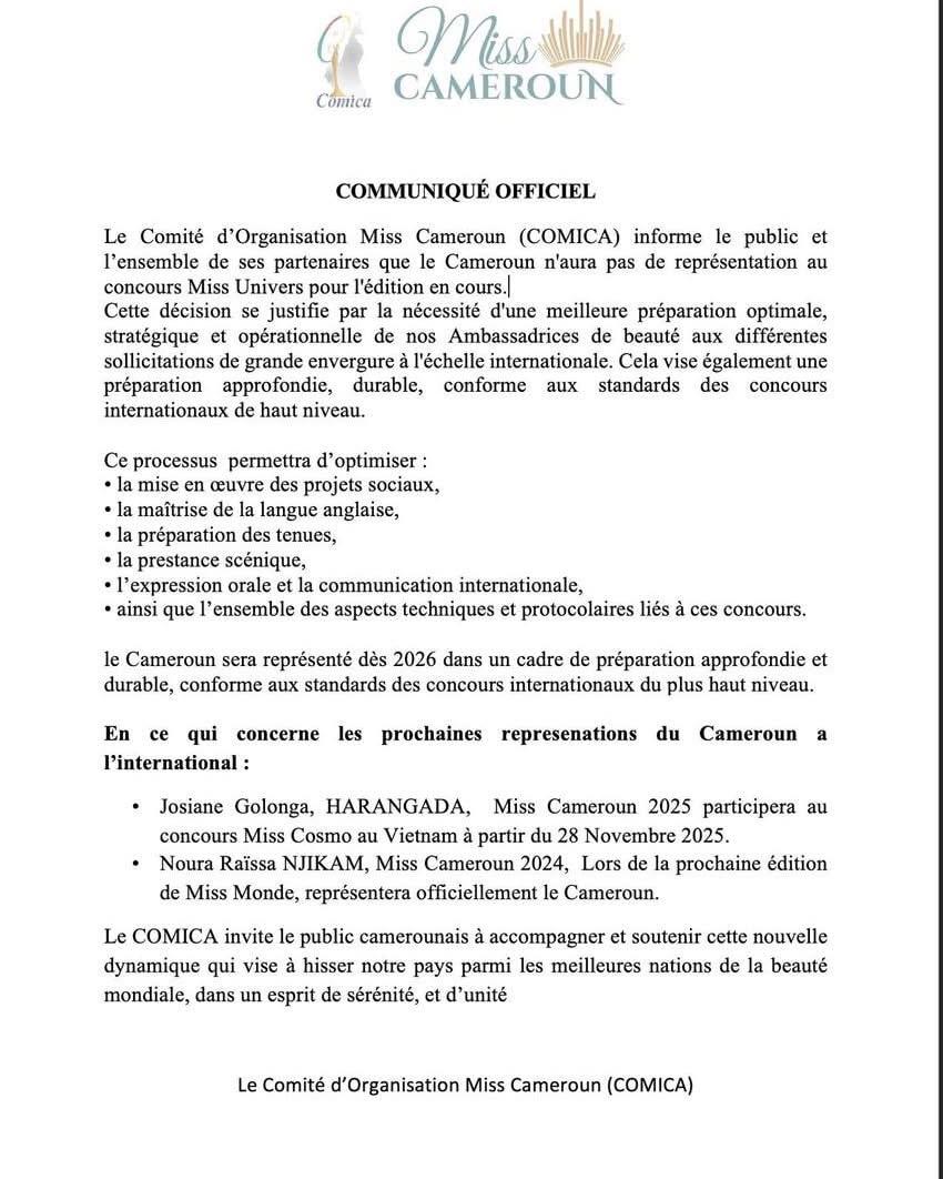 Miss Univers 2025 : le Cameroun se retire, le COMICA s’explique