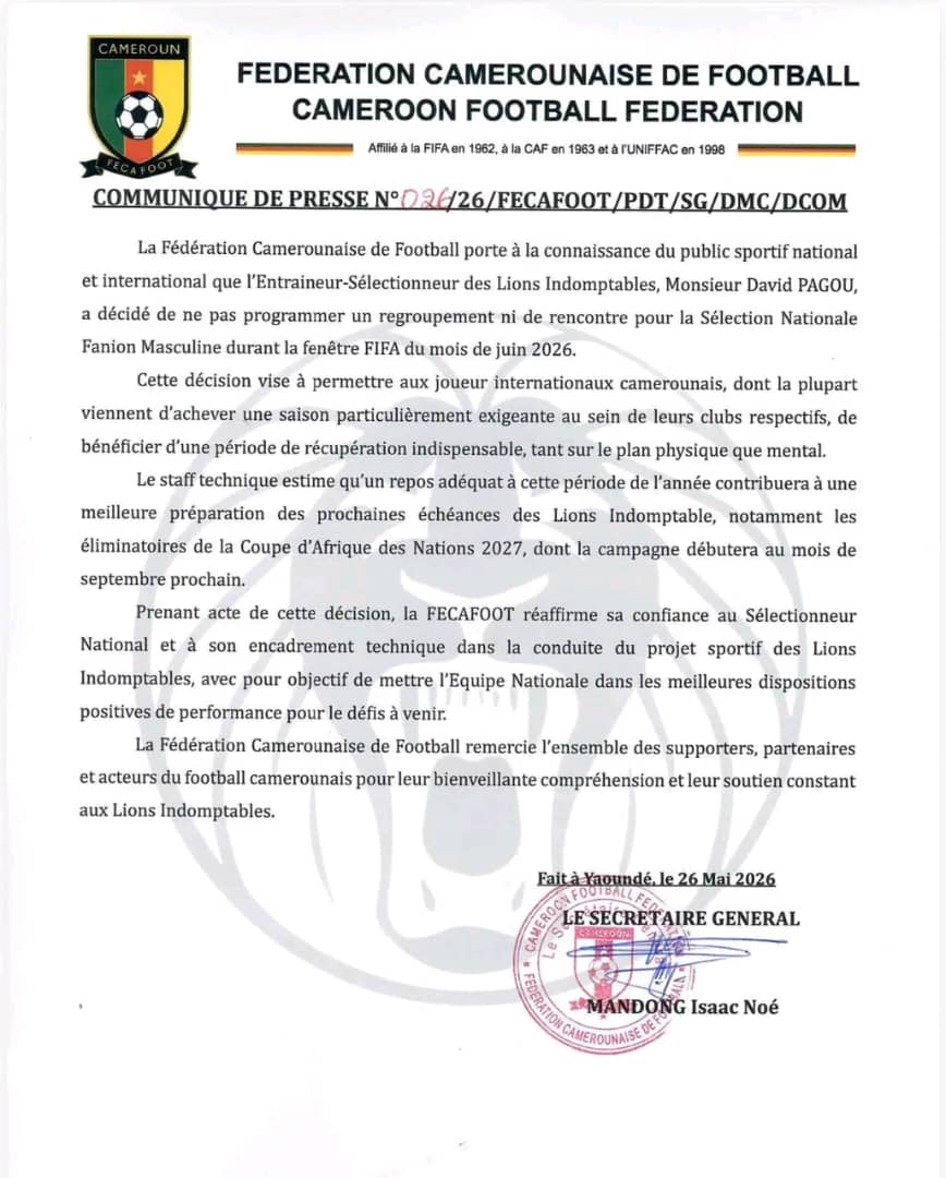 Lions Indomptables : pas de rassemblement en juin, David Pagou mise sur la récupération des joueurs