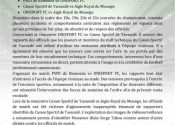 le CTFP sévit: Canon, PWD et Aigle du Moungo rappelés à l’ordre après plusieurs incidents en Elite One