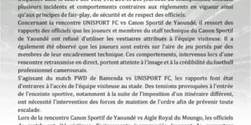le CTFP sévit: Canon, PWD et Aigle du Moungo rappelés à l’ordre après plusieurs incidents en Elite One