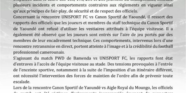 le CTFP sévit: Canon, PWD et Aigle du Moungo rappelés à l’ordre après plusieurs incidents en Elite One