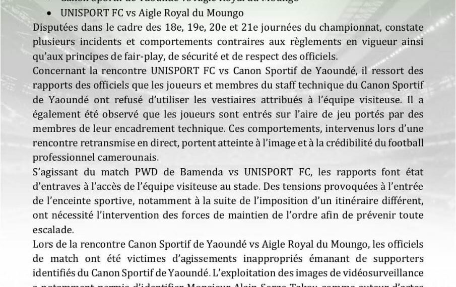 le CTFP sévit: Canon, PWD et Aigle du Moungo rappelés à l’ordre après plusieurs incidents en Elite One