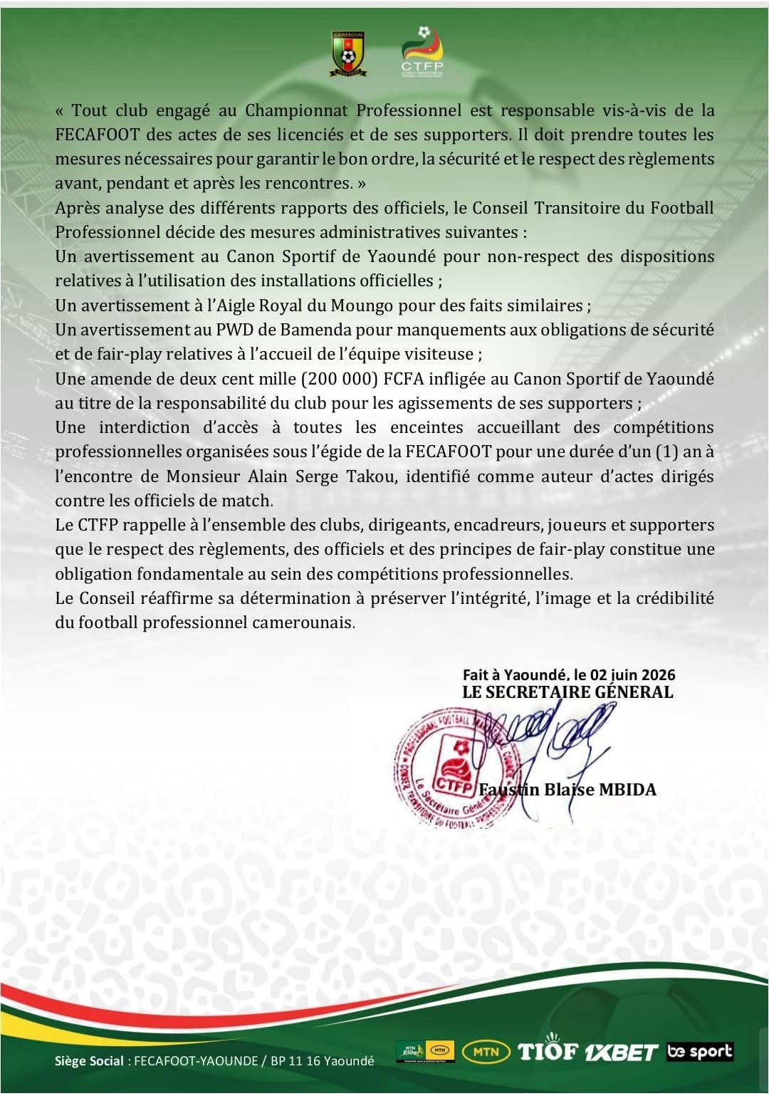 le CTFP sévit: Canon, PWD et Aigle du Moungo rappelés à l’ordre après plusieurs incidents en Elite One