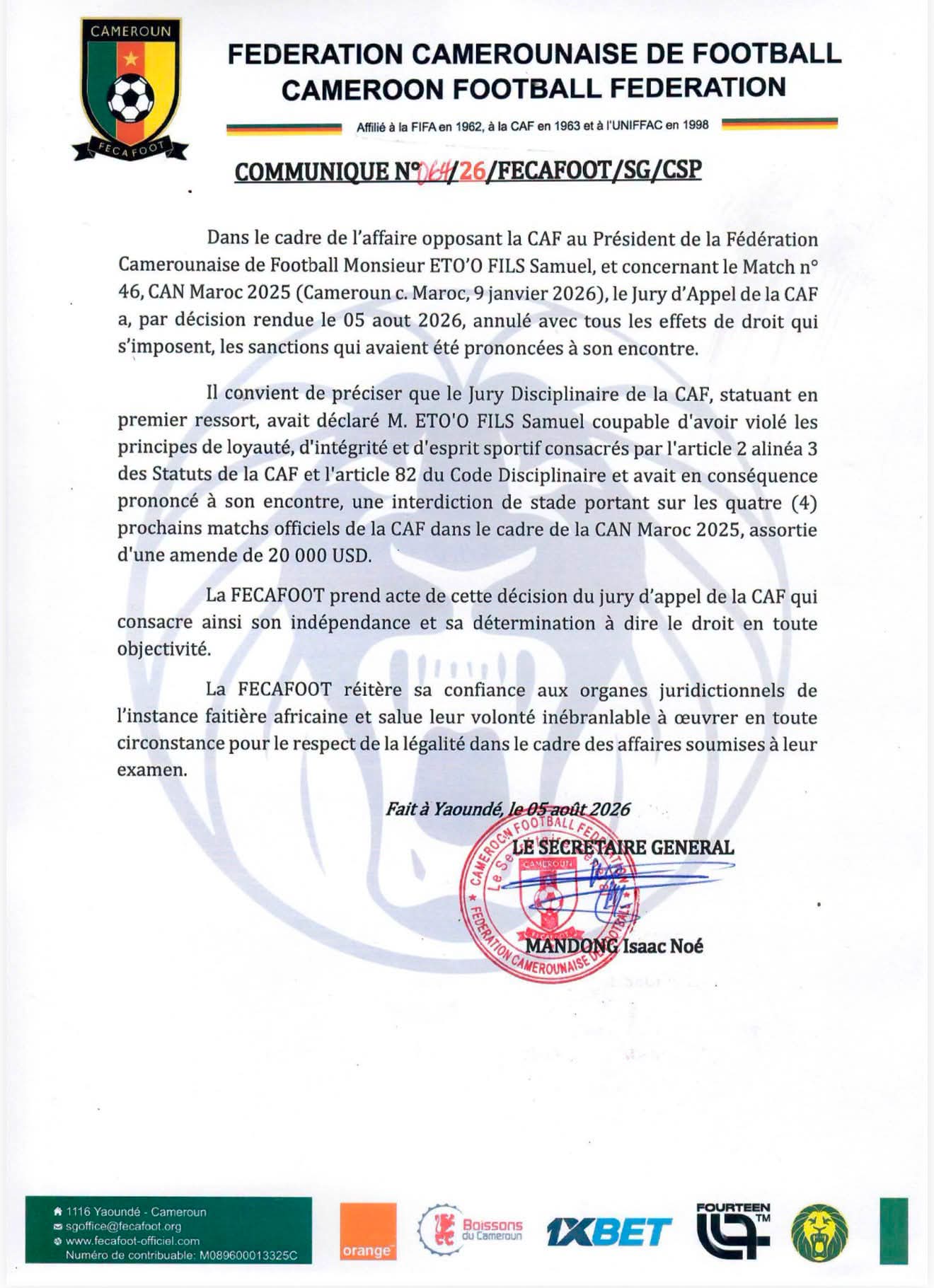 Samuel Eto'o blanchi en appel : la CAF annule sa suspension et son amende