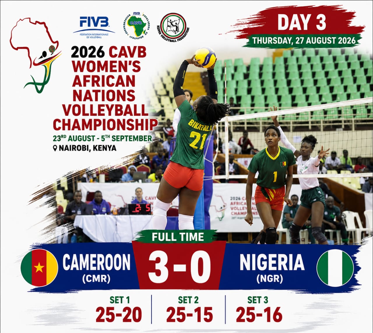 Chan Volleyball Dames Nairobi 2026 : le Cameroun signe un 3e succès face au Nigeria sans concéder de set