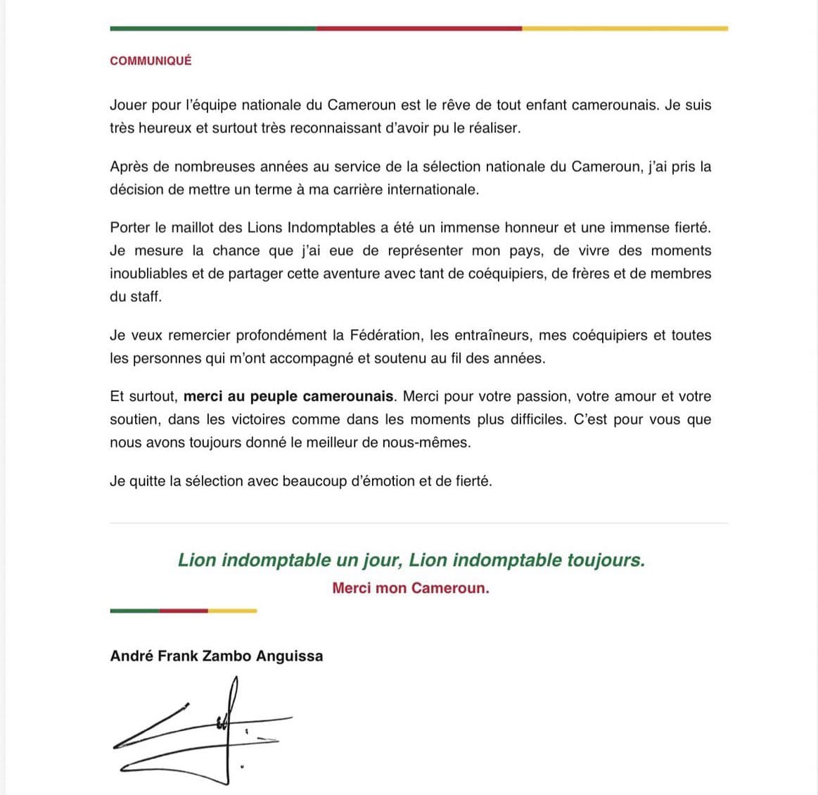 Lions Indomptables : le Maestro Zambo Anguissa prend sa retraite