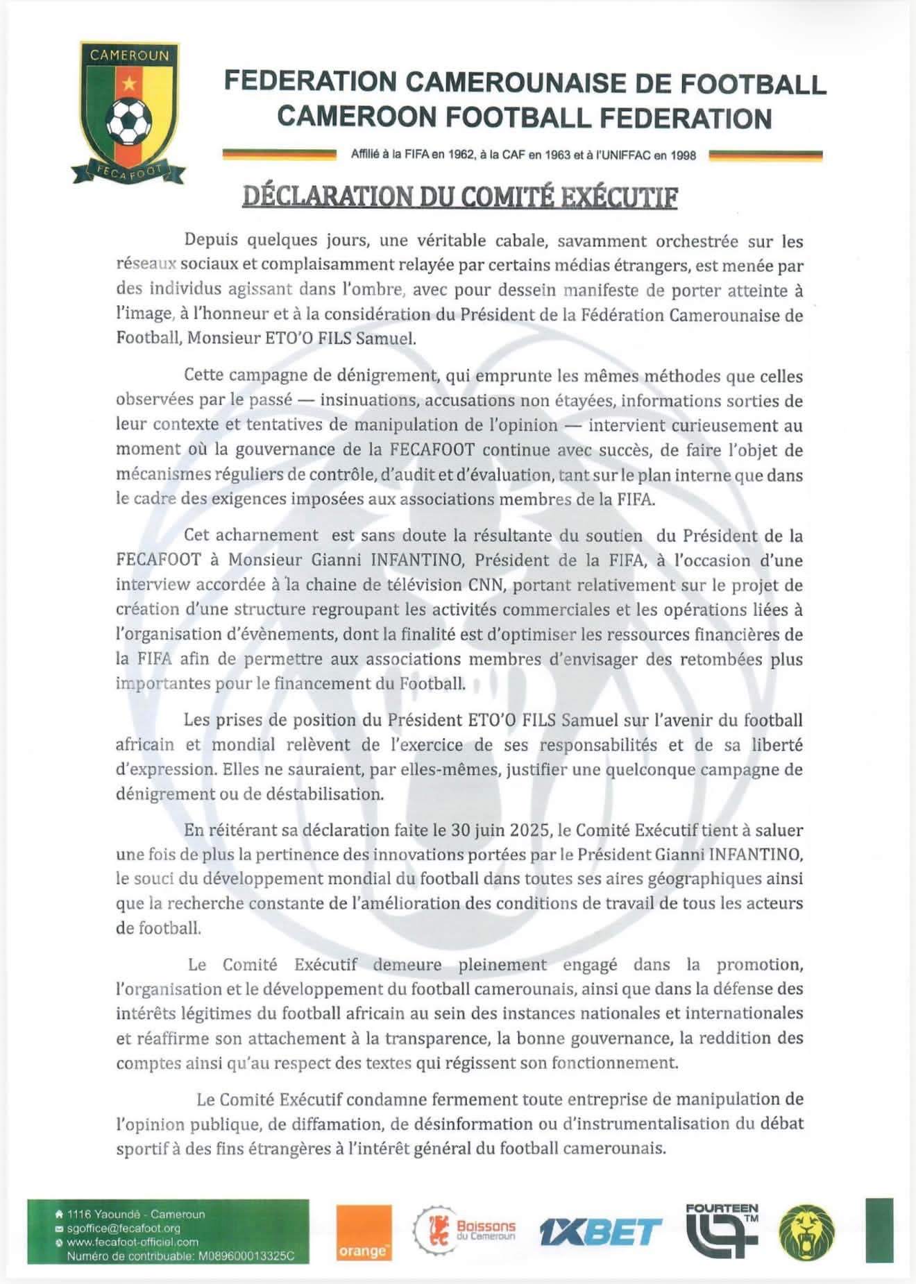 FECAFOOT : le Comité exécutif défend Samuel Eto’o et réaffirme ses engagements