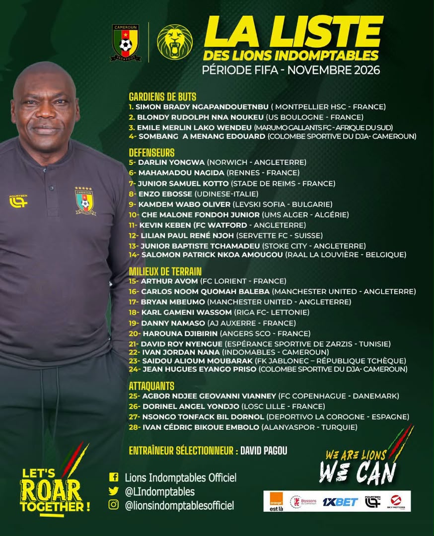 Lions Indomptables : David PAGOU Convoque 28 joueurs avec 3 locaux